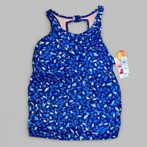 LL Bean Cobalt Blue Petal Print High Neck Sport Tankini Top Women’s Sz 14 NWT